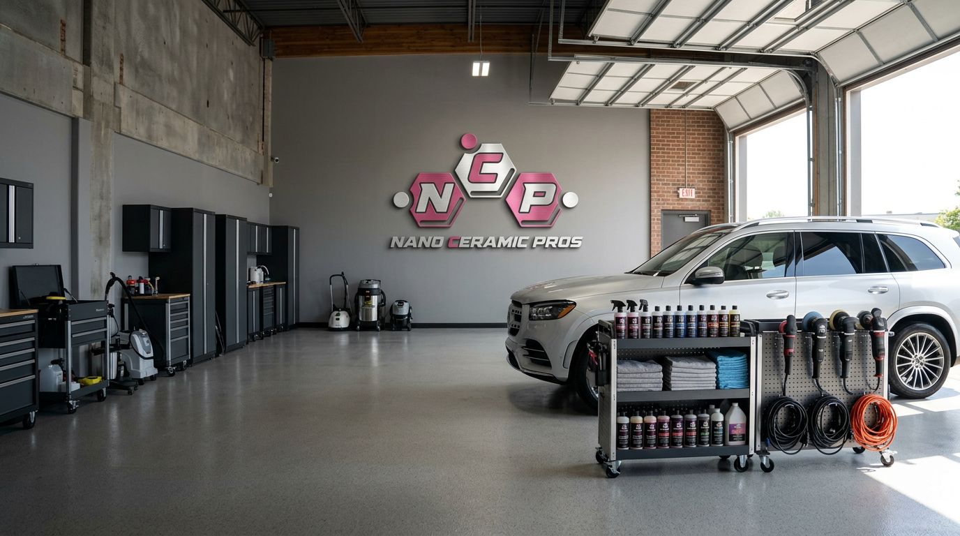 Nano Ceramic Pros detailing facility interior with a silver luxury SUV, tool carts and coating products in daylight
