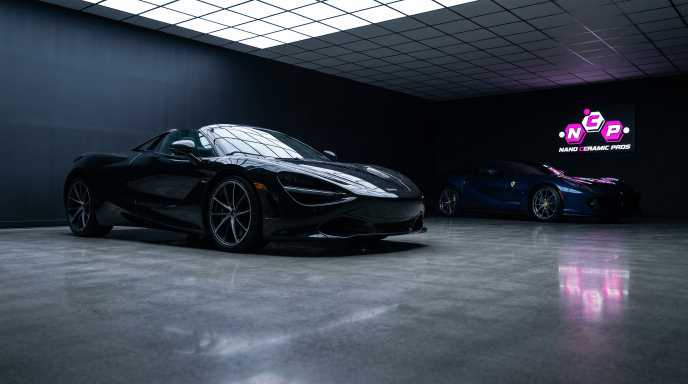 Black McLaren and blue Ferrari with mirror-gloss ceramic coated paint inside the Nano Ceramic Pros luxury showroom detailing studio