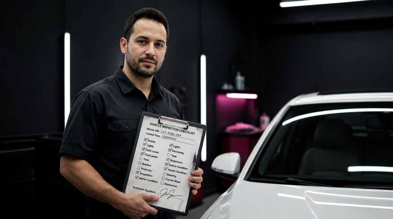 Licensed and insured Nano Ceramic Pros technician holding an inspection clipboard beside a white luxury SUV